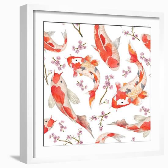 Watercolor Oriental Pattern with Rainbow Carps. Seamless Oriental Texture with Isolated Hand Drawn-Eisfrei-Framed Art Print