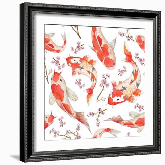 Watercolor Oriental Pattern with Rainbow Carps. Seamless Oriental Texture with Isolated Hand Drawn-Eisfrei-Framed Art Print