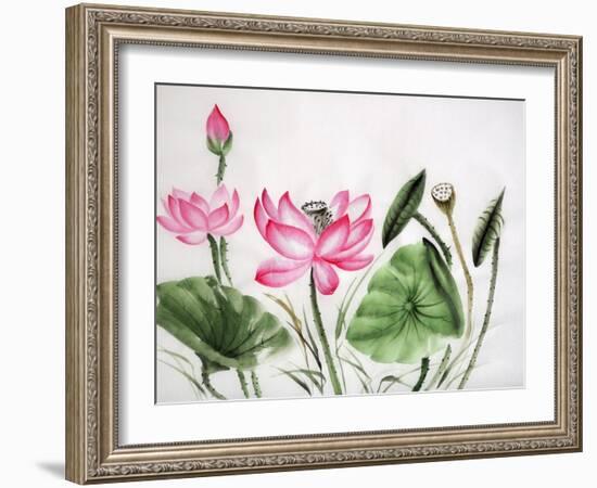 Watercolor Painting Of Pink Lotus-Surovtseva-Framed Art Print