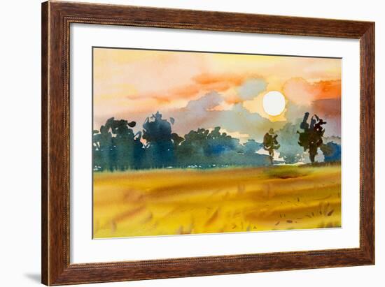 Watercolor Painting Original Landscape Colorful of Rice Field with Big Tree in Sunset and Emotion I-Tanom Kongchan-Framed Premium Giclee Print