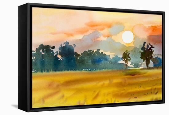 Watercolor Painting Original Landscape Colorful of Rice Field with Big Tree in Sunset and Emotion I-Tanom Kongchan-Framed Stretched Canvas