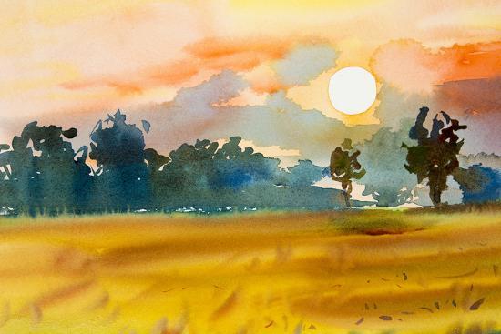 Watercolor Painting Original Landscape Colorful Of Rice Field With