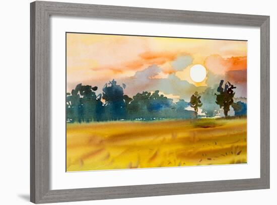 Watercolor Painting Original Landscape Colorful of Rice Field with Big Tree in Sunset and Emotion I-Tanom Kongchan-Framed Art Print