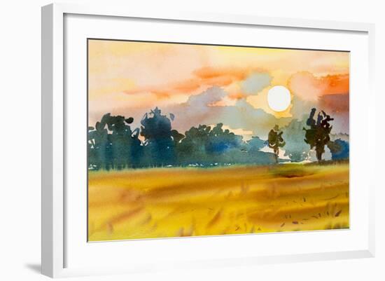Watercolor Painting Original Landscape Colorful of Rice Field with Big Tree in Sunset and Emotion I-Tanom Kongchan-Framed Art Print