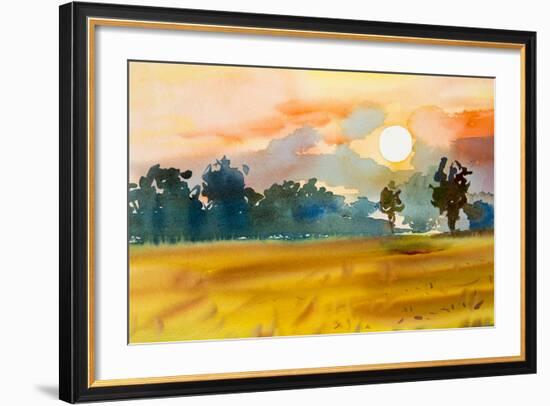 Watercolor Painting Original Landscape Colorful of Rice Field with Big Tree in Sunset and Emotion I-Tanom Kongchan-Framed Art Print