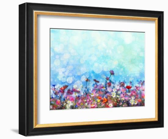 Watercolor Painting Purple Cosmos Flower, White Daisy, Cornflower, Wildflower. Flowers Meadow, Gree-pluie_r-Framed Art Print