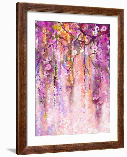 Watercolor Painting. Spring Purple Flowers Wisteria Background-Nongkran_ch-Framed Art Print