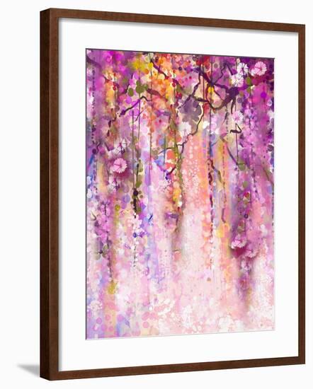 Watercolor Painting. Spring Purple Flowers Wisteria Background-Nongkran_ch-Framed Art Print