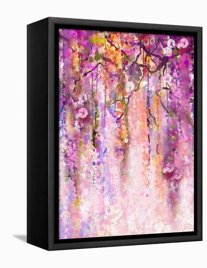 Watercolor Painting. Spring Purple Flowers Wisteria Background-Nongkran_ch-Framed Stretched Canvas