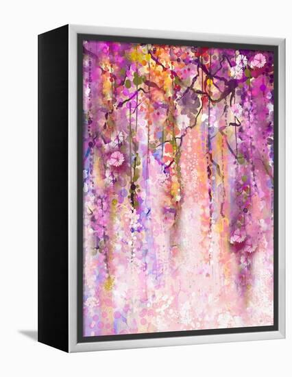 Watercolor Painting. Spring Purple Flowers Wisteria Background-Nongkran_ch-Framed Stretched Canvas