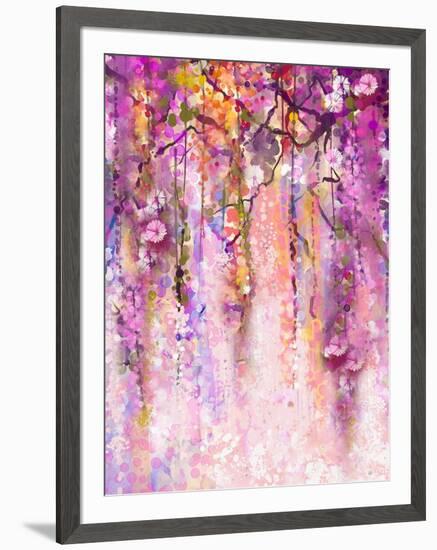 Watercolor Painting. Spring Purple Flowers Wisteria Background-Nongkran_ch-Framed Art Print