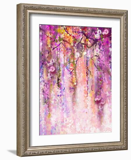 Watercolor Painting. Spring Purple Flowers Wisteria Background-Nongkran_ch-Framed Art Print