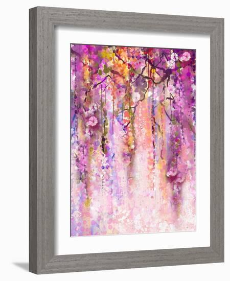 Watercolor Painting. Spring Purple Flowers Wisteria Background-Nongkran_ch-Framed Art Print