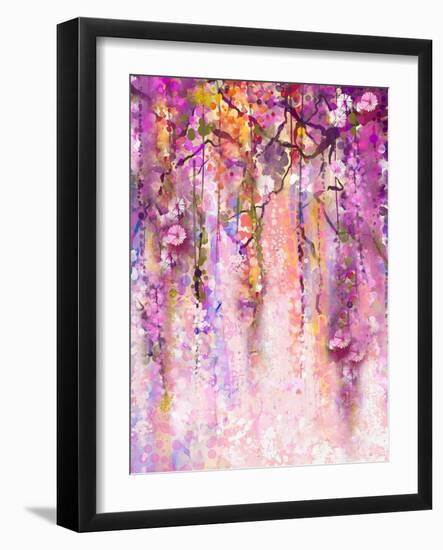 Watercolor Painting. Spring Purple Flowers Wisteria Background-Nongkran_ch-Framed Art Print