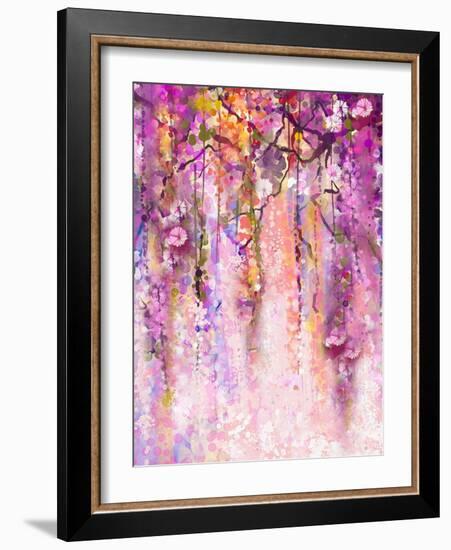 Watercolor Painting. Spring Purple Flowers Wisteria Background-Nongkran_ch-Framed Art Print