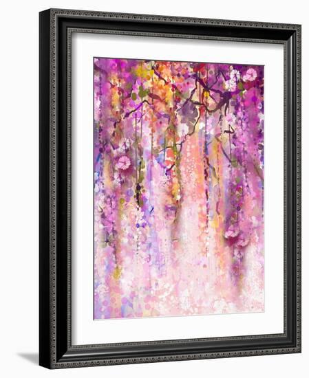 Watercolor Painting. Spring Purple Flowers Wisteria Background-Nongkran_ch-Framed Art Print