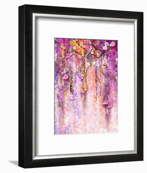 Watercolor Painting. Spring Purple Flowers Wisteria Background-Nongkran_ch-Framed Art Print