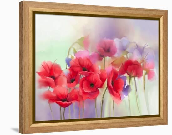 Watercolor Red Poppy Flowers Painting. Flower Paint in Soft Color and Blur Style, Soft Green and Pu-pluie_r-Framed Stretched Canvas