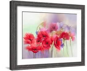 Watercolor Red Poppy Flowers Painting. Flower Paint in Soft Color and Blur Style, Soft Green and Pu-pluie_r-Framed Art Print