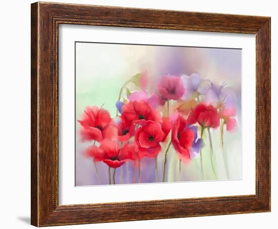 Watercolor Red Poppy Flowers Painting. Flower Paint in Soft Color and Blur Style, Soft Green and Pu-pluie_r-Framed Art Print