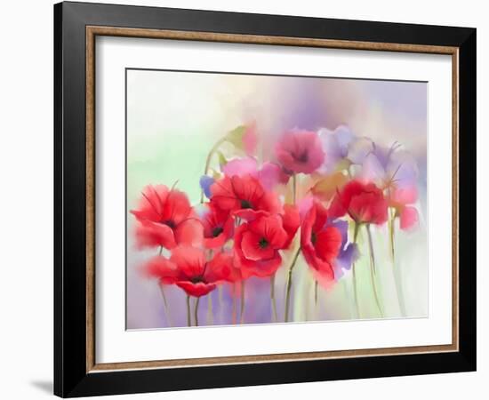 Watercolor Red Poppy Flowers Painting. Flower Paint in Soft Color and Blur Style, Soft Green and Pu-pluie_r-Framed Art Print