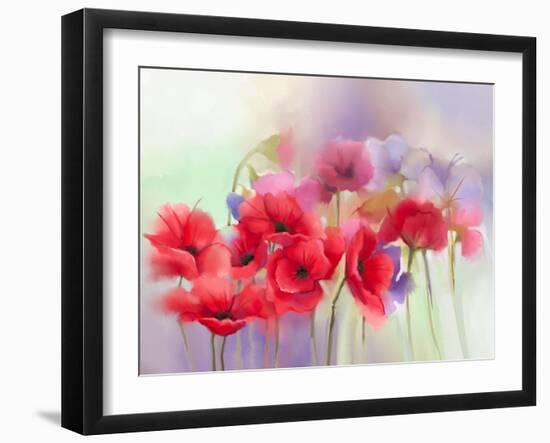 Watercolor Red Poppy Flowers Painting. Flower Paint in Soft Color and Blur Style, Soft Green and Pu-pluie_r-Framed Art Print