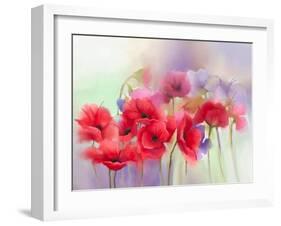 Watercolor Red Poppy Flowers Painting. Flower Paint in Soft Color and Blur Style, Soft Green and Pu-pluie_r-Framed Art Print