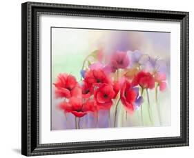 Watercolor Red Poppy Flowers Painting. Flower Paint in Soft Color and Blur Style, Soft Green and Pu-pluie_r-Framed Art Print