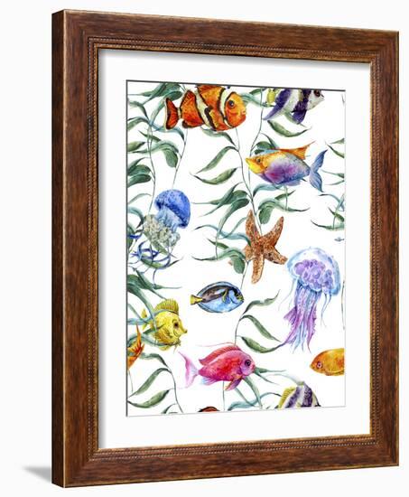 Watercolor Sea Life Seamless Pattern, Underwater Watercolor Illustration-Varvara Kurakina-Framed Photographic Print