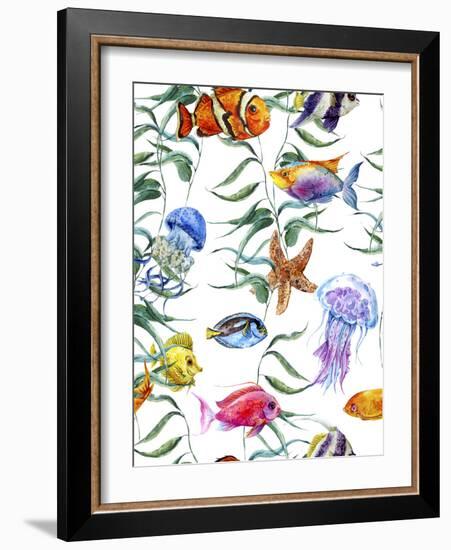 Watercolor Sea Life Seamless Pattern, Underwater Watercolor Illustration-Varvara Kurakina-Framed Photographic Print