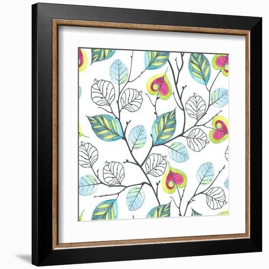 Watercolor Seamless Pattern with Branches and Leaves, Abstract Illustration in Vintage Style.-Nikiparonak-Framed Art Print