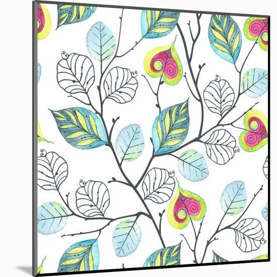 Watercolor Seamless Pattern with Branches and Leaves, Abstract Illustration in Vintage Style.-Nikiparonak-Mounted Art Print