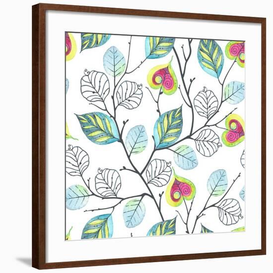 Watercolor Seamless Pattern with Branches and Leaves, Abstract Illustration in Vintage Style.-Nikiparonak-Framed Art Print