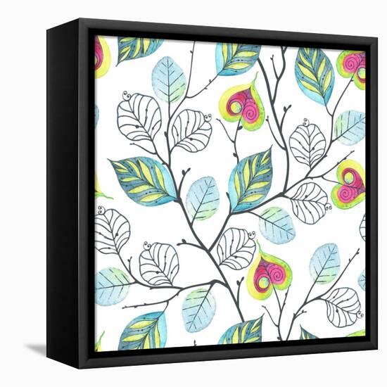 Watercolor Seamless Pattern with Branches and Leaves, Abstract Illustration in Vintage Style.-Nikiparonak-Framed Stretched Canvas