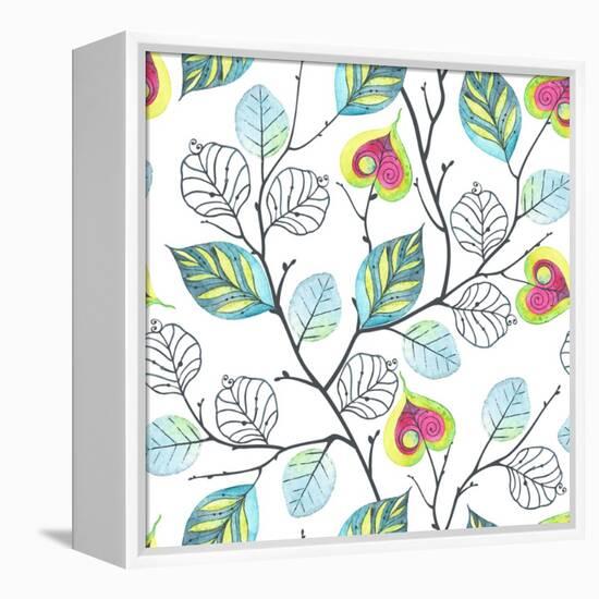 Watercolor Seamless Pattern with Branches and Leaves, Abstract Illustration in Vintage Style.-Nikiparonak-Framed Stretched Canvas