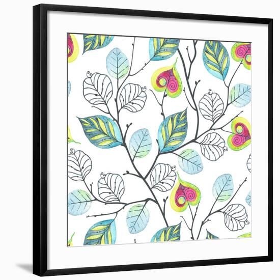 Watercolor Seamless Pattern with Branches and Leaves, Abstract Illustration in Vintage Style.-Nikiparonak-Framed Premium Giclee Print