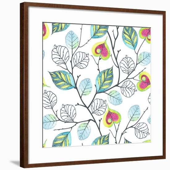 Watercolor Seamless Pattern with Branches and Leaves, Abstract Illustration in Vintage Style.-Nikiparonak-Framed Premium Giclee Print