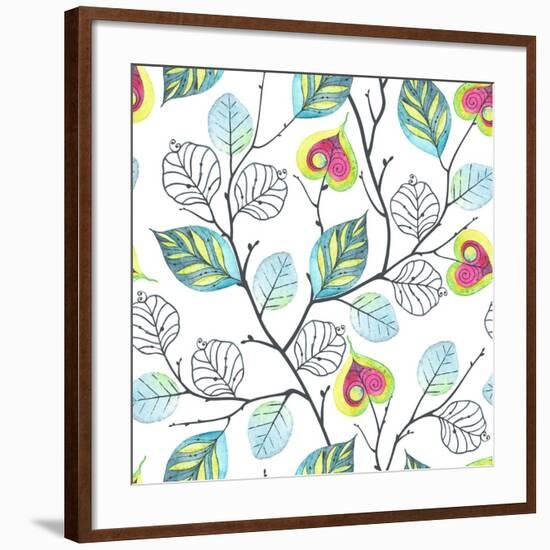 Watercolor Seamless Pattern with Branches and Leaves, Abstract Illustration in Vintage Style.-Nikiparonak-Framed Premium Giclee Print