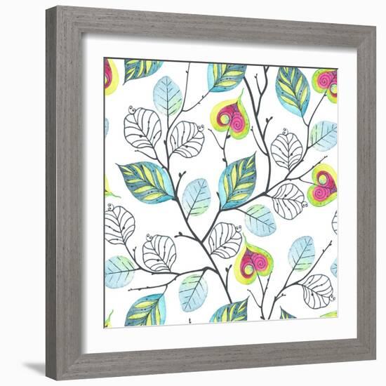 Watercolor Seamless Pattern with Branches and Leaves, Abstract Illustration in Vintage Style.-Nikiparonak-Framed Art Print