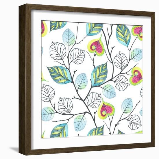 Watercolor Seamless Pattern with Branches and Leaves, Abstract Illustration in Vintage Style.-Nikiparonak-Framed Art Print