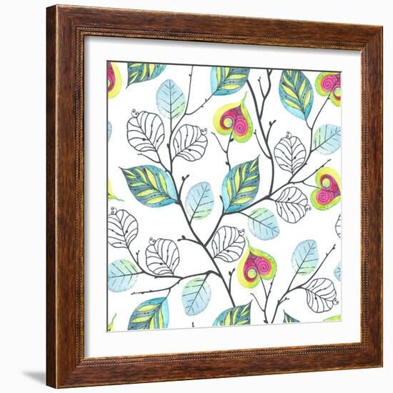 Watercolor Seamless Pattern with Branches and Leaves, Abstract Illustration in Vintage Style.-Nikiparonak-Framed Art Print