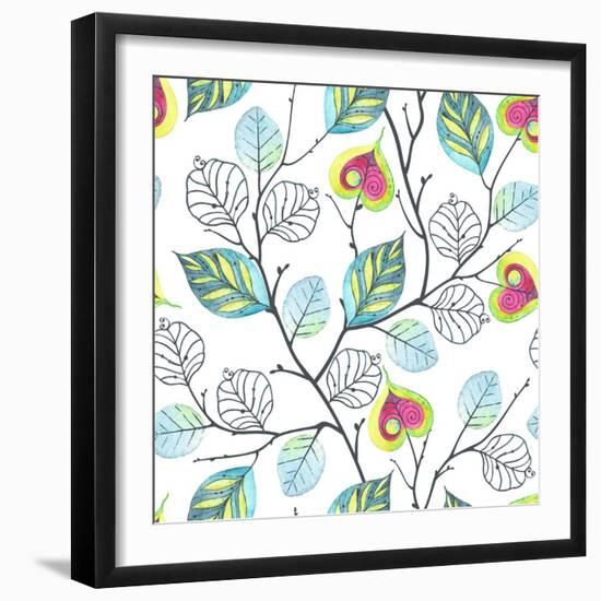 Watercolor Seamless Pattern with Branches and Leaves, Abstract Illustration in Vintage Style.-Nikiparonak-Framed Art Print