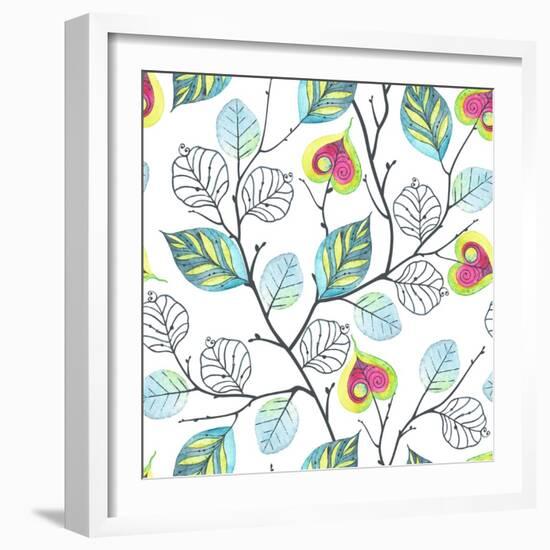 Watercolor Seamless Pattern with Branches and Leaves, Abstract Illustration in Vintage Style.-Nikiparonak-Framed Art Print