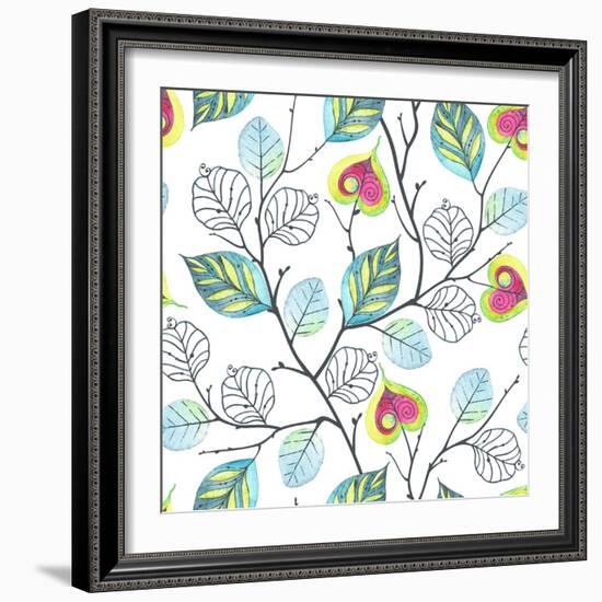 Watercolor Seamless Pattern with Branches and Leaves, Abstract Illustration in Vintage Style.-Nikiparonak-Framed Art Print