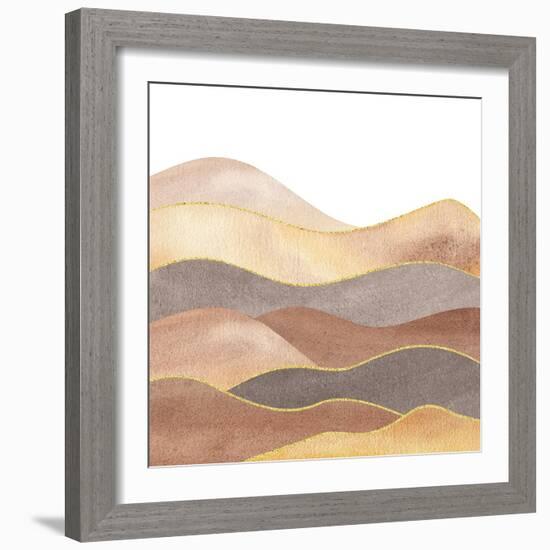Watercolor Shapes of Wavy Mountain Silhouette, Paper Textured Background with Hues of Sepia, Yellow-Ju-Ju-Framed Photographic Print