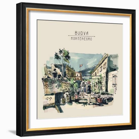 Watercolor Sketching of Budva Montenegro Old Fortress Landscape, Travel Drawing Vector Illustration-karakotsya-Framed Art Print