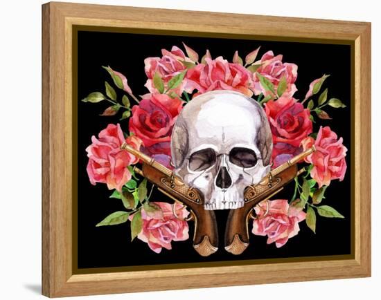 Watercolor Skull with Guns and Roses-tanycya-Framed Stretched Canvas