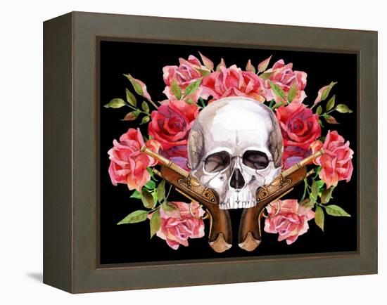 Watercolor Skull with Guns and Roses-tanycya-Framed Stretched Canvas