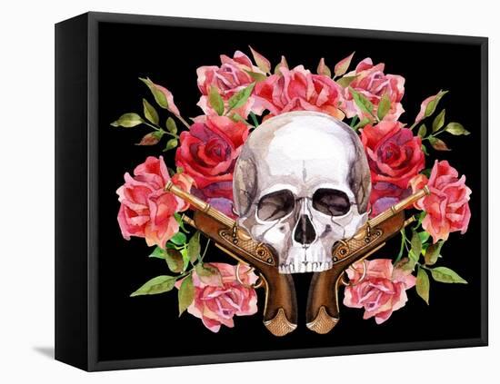 Watercolor Skull with Guns and Roses-tanycya-Framed Stretched Canvas