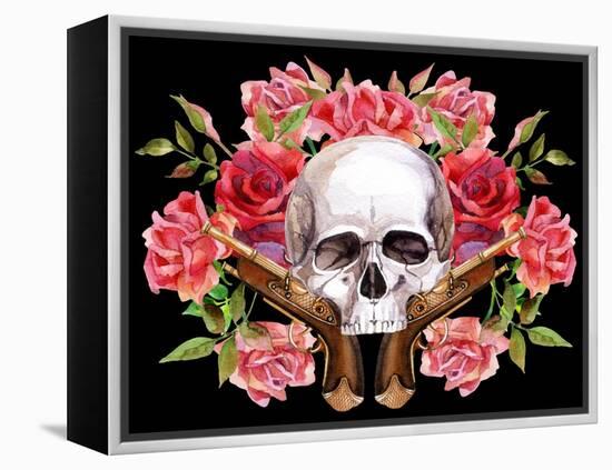 Watercolor Skull with Guns and Roses-tanycya-Framed Stretched Canvas